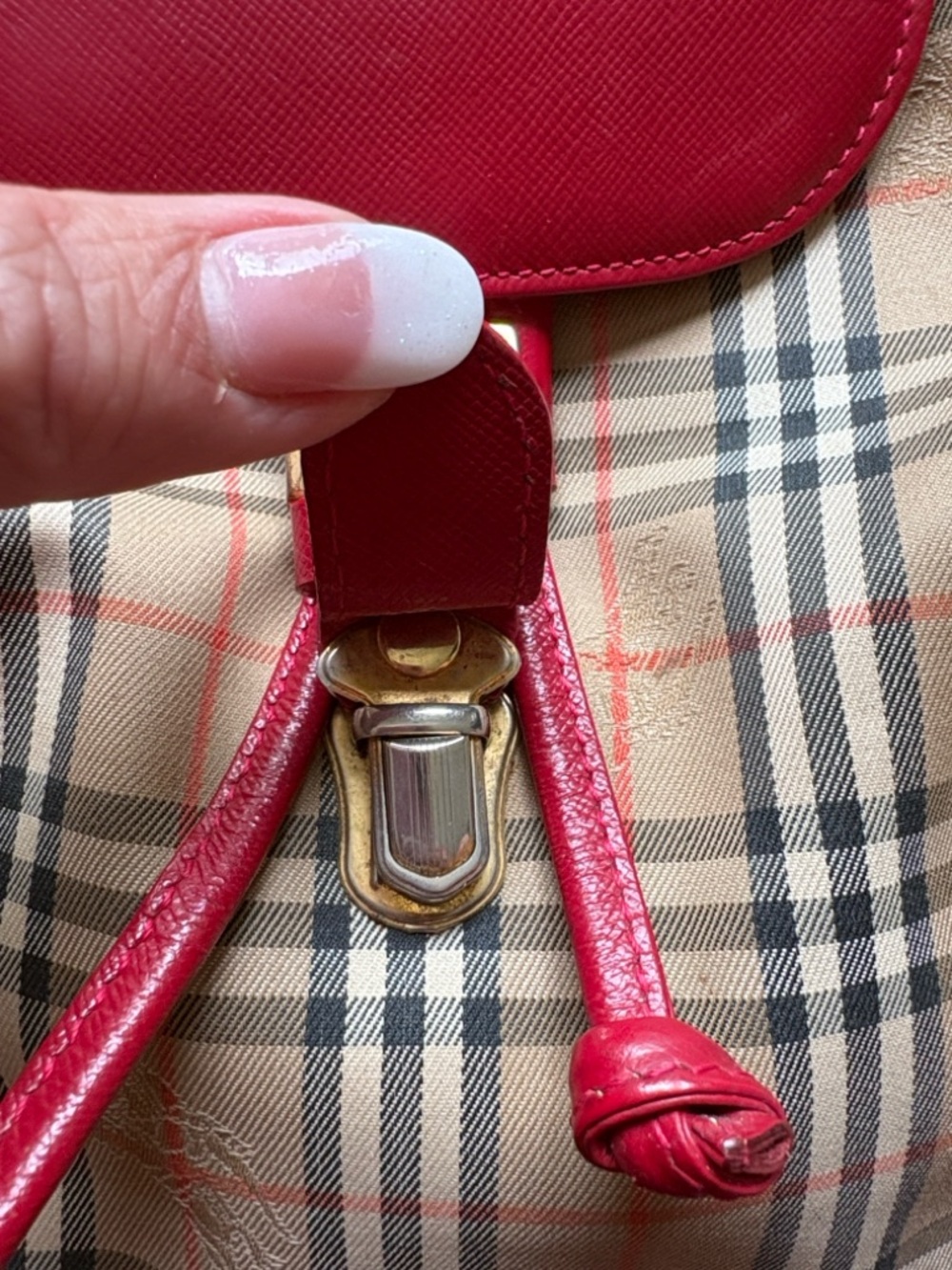 Burberry Red Nova Check Leather-Trim Vintage Check Backpack. - Picture 8 of 10